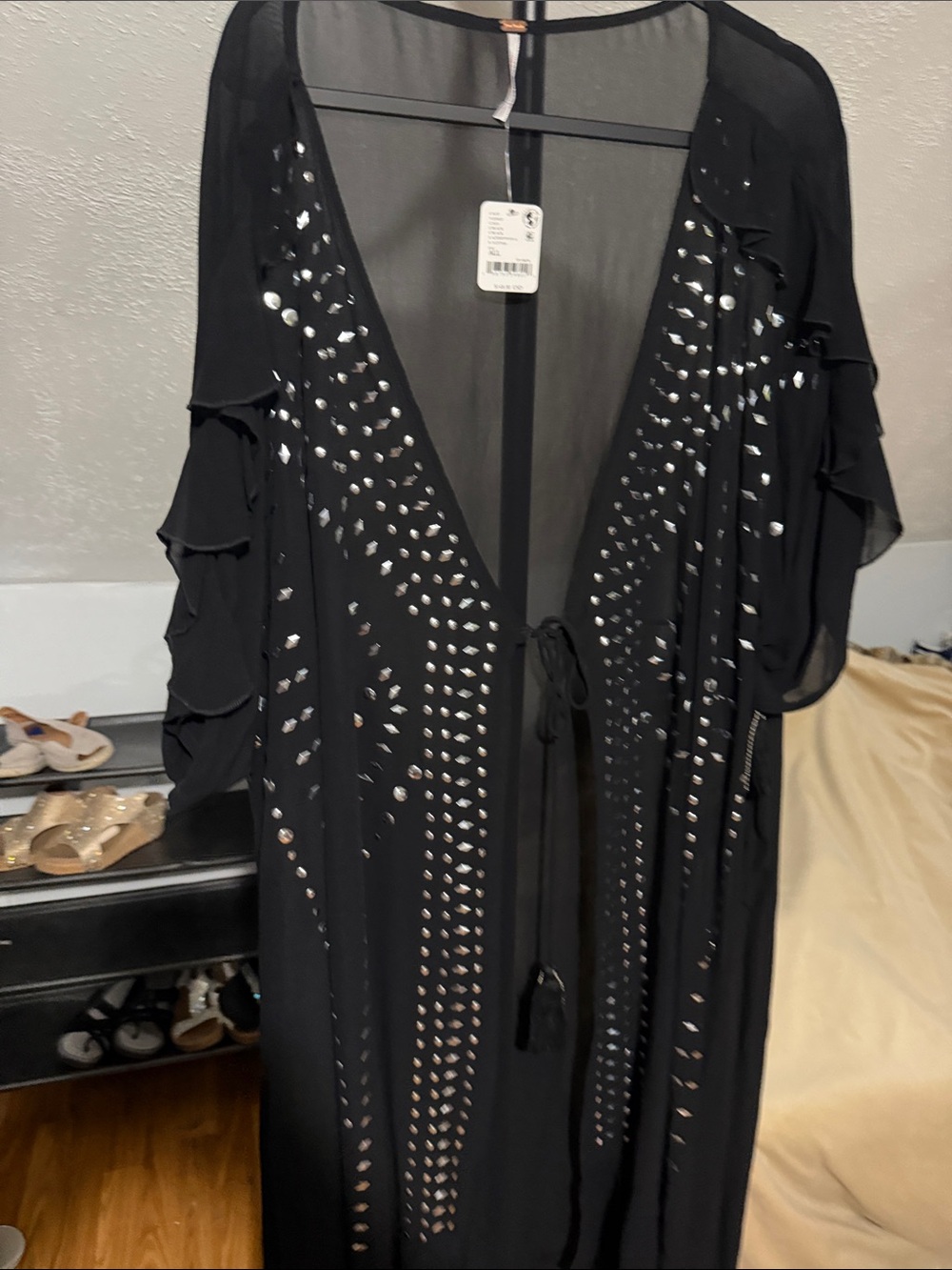 Free People Black Sheer Rhinestone-Embellished Kimono